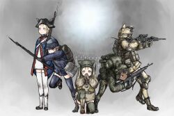  5girls afghanistan american_civil_war american_revolution animal_ears assault_rifle backpack bad_id bad_pixiv_id bag bayonet canteen cross dark-skinned_female dark_skin elbow_pads explosive gradient_background graveyard grenade gun hat m16 m16a1 m4_carbine mars_expedition military military_uniform multiple_girls musket no_pants praying rifle thighhighs tricorne uniform united_states vietnam war war_in_afghanistan weapon world_war_ii y_(khakiyawn) zettai_ryouiki 