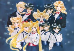  1990s_(style) 6+girls aino_minako alternate_hair_color bishoujo_senshi_sailor_moon black_hair black_jacket blonde_hair blue_bow blue_neckwear bow bowtie chibi_usa closed_mouth cone_hair_bun crossed_arms croupier double_bun dress_shirt formal friends hair_bun half_updo hand_in_pocket hand_on_another&#039;s_shoulder highres hino_rei holding holding_own_hair jacket kaiou_michiru kino_makoto light_smile lips long_hair long_sleeves looking_at_viewer meiou_setsuna mizuno_ami multiple_girls official_art painting_(medium) photoshop_(medium) ponytail red_bow red_bowtie retro_artstyle reverse_trap shirt short_hair smile suit suspenders takeuchi_naoko ten&#039;ou_haruka tomoe_hotaru traditional_bowtie traditional_media tsukino_usagi twintails very_short_hair watercolor_(medium) white_shirt 