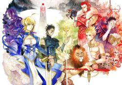  5boys armor artoria_pendragon_(fate) bad_id bad_pixiv_id berserker_(fate/zero) book breadmonster bull burning_at_the_stake chains chalice cross cup diarmuid_ua_duibhne_(lancer)_(fate) excalibur_(fate/stay_night) fate/apocrypha fate/zero fate_(series) female fire forest gae_dearg_(fate) gilgamesh_(fate) gilles_de_rais_(caster)_(fate) great_grail iskandar_(fate) jeanne_d&#039;arc_(fate) jeanne_d&#039;arc_(ruler)_(fate) lancelot_(fate/zero) lion multiple_boys nature photoshop_(medium) polearm rainbow_order saber_(fate) skull spear spoilers sword weapon 