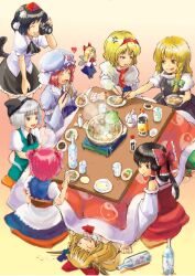  6+girls ^_^ akatsuki_hiro alice_margatroid anger_vein ascot bad_id bad_pixiv_id black_hair blonde_hair blue_eyes bottle bow braid brown_eyes brown_hair camera chen closed_eyes detached_sleeves drunk eating food grey_hair hair_bobbles hair_ornament hairband hairbow hakurei_reimu hat horn_bow horn_ornament horns ibuki_suika kirisame_marisa konpaku_youmu konpaku_youmu_(ghost) kotatsu multiple_girls onozuka_komachi open_mouth photoshop_(medium) pink_hair saigyouji_yuyuko shameimaru_aya shanghai_doll short_hair skirt sleeping squeans table tokin_hat touhou two_side_up wings yellow_eyes 