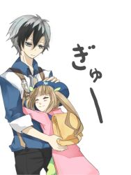  1boy backpack bag blue_eyes blush brown_hair closed_eyes coat dress elle_mel_martha female hat hug long_hair ludger_will_kresnik multicolored_hair necktie pants short_hair smile tales_of_(series) tales_of_xillia tales_of_xillia_2 twintails 