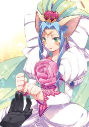  agarte_lindblum animal_ears arched_crown bad_id bad_pixiv_id blue_hair blush cat_ears circlet commentary_request crown dress earrings female flower green_eyes huge_bow jewelry pink_flower pink_rose puffy_sleeves red_crown rose short_hair sidelocks smile tales_of_(series) tales_of_rebirth veil white_dress yuru1031 