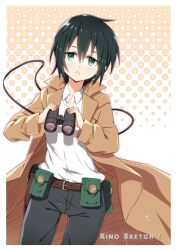  androgynous belt binoculars black_hair blue_eyes coat commentary_request female gabiran kino_(kino_no_tabi) kino_no_tabi looking_at_viewer pants photoshop_(medium) pouch reverse_trap shirt short_hair solo 