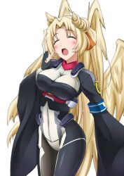  :d angel_wings blonde_hair blush breasts cleavage closed_eyes commentary_request female fingerless_gloves gloves kyoukaisenjou_no_horizon large_breasts long_hair long_sleeves margot_knight moeki_yuuta open_mouth pantyhose smile solo wings 