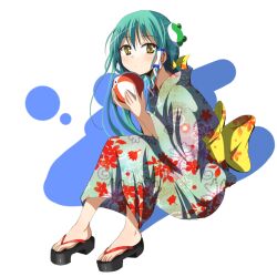  aqua_kimono ball beachball commentary_request deego_(omochi_bazooka) female frog_hair_ornament full_body geta green_hair hair_ornament hair_tubes japanese_clothes kimono kochiya_sanae long_hair obi sash snake solo temari_ball touhou yellow_eyes 