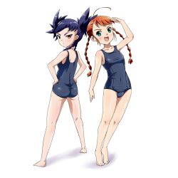  2girls arika_yumemiya back-to-back bad_id bad_pixiv_id black_hair braid brown_eyes brown_hair green_eyes houming multiple_girls my-otome nina_wang petite salute swimsuit twin_braids 