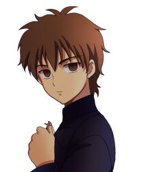  1boy aged_down brown_eyes brown_hair commentary_request cross cross_necklace fate/zero fate_(series) holding holding_cross jewelry kotomine_kirei lolicon male_focus necklace photoshop_(medium) seojung simple_background solo white_background 