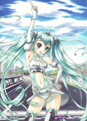  absurdres aqua_hair arm_up armpits asahina_kirin blue_eyes cloud corrupted_metadata elbow_gloves female fingerless_gloves gloves goodsmile_company goodsmile_racing hand_on_own_hip hatsune_miku highres long_hair navel necktie open_mouth pointing race_queen racetrack racing_miku racing_miku_(2012) sample_watermark skirt sky solo thighhighs traditional_media twintails very_long_hair vocaloid watermark 