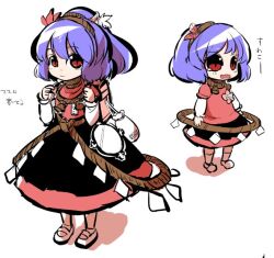  2girls aged_down backpack bag blue_hair commentary_request dual_persona fifiruu hairband kinchaku lolicon mary_janes mirror multiple_girls open_mouth pouch randoseru red_eyes rope sack shimenawa shoes short_hair skirt tears touhou wavy_mouth yasaka_kanako 