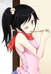  absurdres araragi_karen ascot bad_id bad_pixiv_id black_eyes black_hair brushing_teeth casual egg_hair_ornament female food-themed_hair_ornament hair_ornament highres long_hair monogatari_(series) nisemonogatari side_ponytail solo toothbrush tsukasa_0913 