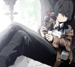  androgynous bad_id bad_pixiv_id black_hair blue_eyes chair coat commentary_request crossed_legs dress_shirt expressionless female flower kino_(kino_no_tabi) kino_no_tabi legs_up off_shoulder partial_commentary reverse_trap shirt short_hair sitting solo tulip viral_(fortis) window 