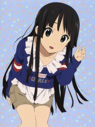  2000 :d absurdres akiyama_mio black_eyes black_hair female highres horiguchi_yukiko k-on! long_hair official_art open_mouth scan shorts smile 