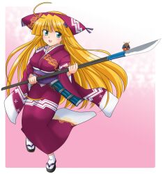  aqua_eyes blonde_hair blush japanese_clothes kimono kurenasm naginata polearm rance_(series) rance_quest rizna_lanfebit sengoku_rance weapon 