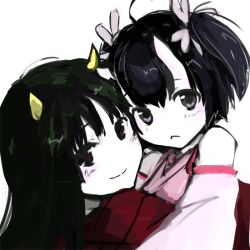  2girls bad_id bad_pixiv_id black_eyes black_hair hair_ornament hinomoto_oniko horns hug japanese_clothes kamemushi_(hoozuki) kimono kohinomoto multiple_girls oni oni_horns original photoshop_(medium) red_eyes 