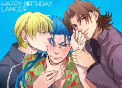  3boys bad_id bad_pixiv_id birthday blonde_hair blue_eyes blue_hair brown_eyes brown_hair cheekbones cu_chulainn_(fate) cu_chulainn_(fate/stay_night) fate/hollow_ataraxia fate/stay_night fate_(series) gilgamesh_(fate) gilgamesh_(immoral_biker_jacket)_(fate) hawaiian_shirt kotomine_kirei long_hair male_focus mayuki_(ubiquitous) multiple_boys official_alternate_costume ponytail red_eyes shirt wince 