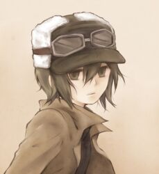  bad_id bad_pixiv_id black_eyes black_hair coat expressionless female fur_hat goggles goggles_on_headwear hat kino_(kino_no_tabi) kino_no_tabi messy_hair monochrome photoshop_(medium) reverse_trap rjsin sepia short_hair solo 