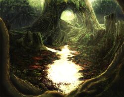  commentary_request fern forest green_theme highres hole muso-comet nature no_humans original outdoors photoshop_(medium) plant river scenery stairs sunlight tree tree_hollow tree_stump vines 