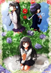  4girls acchi_kocchi black_hair camellia chitanda_eru color_connection commentary_request crossover flower hair_color_connection highres hydrangea hyouka long_hair miniwa_tsumiki multiple_crossover multiple_girls nazo_no_kanojo_x pleated_skirt purple_eyes ringerwalker saliva sanka_rea sankarea school_uniform season_connection short_hair skirt smile urabe_mikoto 