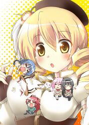  5girls :3 =_= akemi_homura animal_between_breasts bad_id bad_pixiv_id bell_(oppore_coppore) beret between_breasts black_hair black_legwear blonde_hair blue_hair blush breasts cake cup drill_hair fingerless_gloves food gloves hair_ribbon hat heart jitome kaname_madoka kyuubee long_hair mahou_shoujo_madoka_magica mahou_shoujo_madoka_magica_(anime) miki_sayaka mini_person minigirl multiple_girls oerba_yun_fang open_mouth photoshop_(medium) ponytail red_eyes red_hair ribbon sakura_kyoko school_uniform short_hair skirt smile table teacup tomoe_mami tomoe_mami_(magical_girl) twin_drills twintails yellow_eyes 