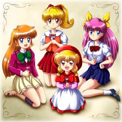  4girls ai_tenshi_densetsu_wedding_peach akazukin_chacha blonde_hair blue_eyes bow brown_eyes chacha_(akazukin_chacha) commentary_request crossover flower hanasaki_momoko haneoka_meimi highres hood kaitou_saint_tail long_hair mimimix moriya_ririka multiple_crossover multiple_girls nurse_angel_ririka_sos orange_hair pink_hair ponytail school_uniform yellow_bow 