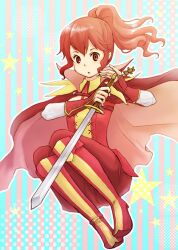  :o anna_(fire_emblem) bikke3 boots cape commentary_request female fire_emblem fire_emblem_awakening photoshop_(medium) ponytail red_eyes red_hair red_theme solo star_(symbol) starry_background stuffed_animal stuffed_toy sword teddy_bear weapon 