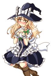  apron blonde_hair blush bow braid breasts commentary_request curiosities_of_lotus_asia female frills green_eyes hairbow hat hat_bow kanosawa kirisame_marisa medium_breasts simple_background single_braid solo touhou witch witch_hat wrist_cuffs 