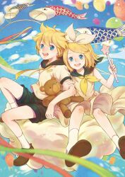  1boy ayame_(artist) bad_id bad_pixiv_id balloon blonde_hair blue_eyes brother_and_sister cloud dress female hair_ornament hair_ribbon hairclip highres kagamine_len kagamine_rin kite kodomo_no_hi koinobori necktie open_mouth photoshop_(medium) ribbon short_hair shorts siblings smile stuffed_animal stuffed_toy teddy_bear twins vocaloid wand windsock yellow_necktie 