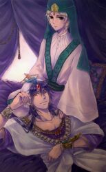  2boys bad_id bad_pixiv_id blue_hair earrings green_eyes highres ja&#039;far_(magi) jewelry keffiyeh magi_the_labyrinth_of_magic male_focus manly multiple_boys red_eyes rko_(reanet) sinbad_(magi) turban white_hair 