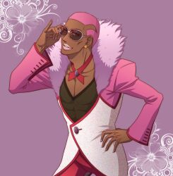  1boy commentary_request dark-skinned_male dark_skin earrings fingernails jewelry lunarclinic male_focus nathan_seymour pink_eyes pink_hair purple_background simple_background solo sunglasses tiger_&amp;_bunny 