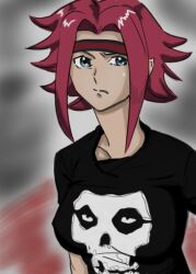  bad_link band_shirt bb_(baalbuddy) blue_eyes breasts code_geass colorized female headband kouzuki_kallen medium_breasts merchandise misfits red_hair shirt short_hair skull skull_print solo t-shirt 