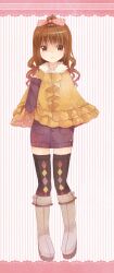  argyle_clothes argyle_legwear bad_id bad_pixiv_id boots bow brown_eyes brown_hair capelet female frilled_capelet frills fur_trim grey_footwear hairbow hand_up highres long_sleeves looking_at_viewer mvv original parted_lips photoshop_(medium) pinstripe_pattern signature solo standing star_(symbol) striped striped_background sweater thighhighs vertical_stripes winter_clothes 