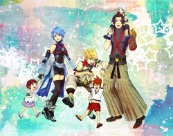  2girls 4boys aged_down aqua_(kingdom_hearts) bare_shoulders belt black_legwear blonde_hair blue_eyes blue_hair brown_hair brown_hakama carrying commentary_request detached_sleeves fingerless_gloves gloves hakama hakama_skirt japanese_clothes kairi_(kingdom_hearts) kingdom_hearts kingdom_hearts_birth_by_sleep lolicon magatsumagic multiple_boys multiple_girls red_hair riku_(kingdom_hearts) sandals short_hair shoulder_carry skirt sora_(kingdom_hearts) terra_(kingdom_hearts) thighhighs ventus_(kingdom_hearts) white_hair 