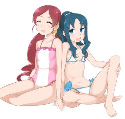  2girls :d ^_^ bad_id bad_pixiv_id barefoot bikini blue_eyes blue_hair closed_eyes hanasaki_tsubomi heartcatch_precure! kurumi_erika minatsuki_randoseru multiple_girls navel one-piece_swimsuit open_mouth pink_hair precure simple_background sitting smile swimsuit 