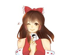  bad_link bare_shoulders bow brown_eyes brown_hair detached_sleeves drawfag female hair_tubes hairbow hakurei_reimu long_hair one_eye_closed red_bow smile solo spell_card touhou yin_yang 