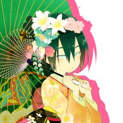  asa_no_ha_(pattern) avatar:_the_last_airbender avatar_legends black_hair blind commentary female flower hair_between_eyes hair_flower hair_ornament japanese_clothes kanoko_(pattern) kanzashi kimono knknknk obi obiage obijime oil-paper_umbrella parasol sash solo toph_bei_fong tsumami_kanzashi umbrella 