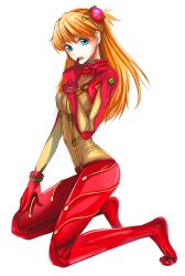  a_(ccca) absurdres blue_eyes bodysuit commentary_request evangelion:_2.0_you_can_(not)_advance female finger_in_own_mouth hair_ornament highres kneeling long_hair multicolored_bodysuit multicolored_clothes neon_genesis_evangelion orange_bodysuit orange_hair plugsuit rebuild_of_evangelion red_bodysuit simple_background solo souryuu_asuka_langley test_plugsuit 