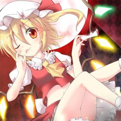  apple apple_core ascot bell_(oppore_coppore) blonde_hair commentary_request female flandre_scarlet food fruit hat moon navel one_eye_closed photoshop_(medium) red_eyes red_moon short_hair side_ponytail skirt solo tongue tongue_out touhou wings 