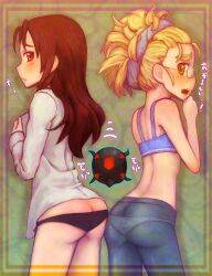  2girls absurdres ass ass-to-ass black_panties blonde_hair blush butt_crack commentary_request eyebrows glasses hair_up highres kuro_ari_(pixiv) minna-dietlinde_wilcke multiple_girls orange_eyes panties panties_under_pantyhose pantyhose perrine_h._clostermann photoshop_(medium) red_hair sports_bra strike_witches underwear underwear_only white_panties world_witches_series yellow_eyes 