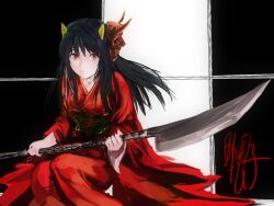  bad_id bad_pixiv_id black_hair female highres hinomoto_oniko horns japanese_clothes kamemushi_(hoozuki) kimono mask oni oni_horns oni_mask original photoshop_(medium) polearm red_eyes red_kimono solo weapon 