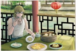  1boy bamboo_steamer baozi barnaby_brooks_jr. blonde_hair bracelet chinese_food commentary_request eating food fried_rice glasses green_eyes jewelry lantern male_focus paper_lantern solo tank_top tiger_&amp;_bunny yasucaflex 