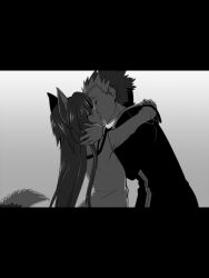  animal_ears bad_id bad_pixiv_id closed_eyes female greyscale kissing konshin letterboxed long_hair monochrome multicolored_hair pixiv_fantasia pixiv_fantasia_sword_regalia tail two-tone_hair wolf_ears wolf_tail 