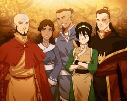  2girls 3boys aang aged_up avatar:_the_last_airbender avatar_legends bald black_hair blind blue_eyes brother_and_sister brown_hair cape chinese_clothes choker commentary crossed_arms dark-skinned_female dark-skinned_male dark_skin english_commentary facial_hair gingashi goatee grey_eyes hair_bun husband_and_wife katara long_hair multiple_boys multiple_girls one_eye_closed photoshop_(medium) ponytail scar short_hair siblings single_hair_bun sokka tattoo the_legend_of_korra toph_bei_fong topknot yellow_eyes zuko 