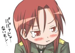  :t angry blush female japanese military military_uniform minna-dietlinde_wilcke pout red_eyes red_hair strike_witches tears translation_request uniform 