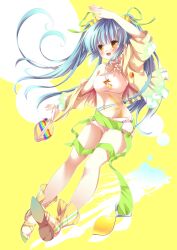  :d bad_id bad_pixiv_id bag blue_hair c.c._lemon c.c._lemon_(character) choker crop_top female food food-themed_bag food-themed_hair_ornament food-themed_necklace fruit full_body gradient_jacket hair_ornament hair_ribbon highres holding holding_bag jacket jewelry lemon lemon_hair_ornament long_hair looking_at_viewer midriff navel nogi_takayoshi o-ring pendant ribbon sandals shirt short_shorts shorts smile solo tattoo twintails white_shirt white_shorts yellow_background yellow_eyes 