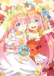  2girls ;d absurdres ai_tenshi_densetsu_wedding_peach bad_id bad_pixiv_id blue_eyes bouquet bow brooch colored_eyelashes dress dual_persona flower hanasaki_momoko heart heart_brooch highres huiji jewelry long_hair magical_girl multiple_girls one_eye_closed open_mouth photoshop_(medium) pink_bow pink_hair rose smile wand wedding_dress wedding_peach wing_brooch yellow_bow 