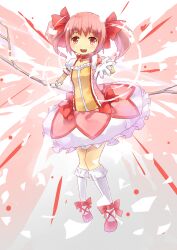  absurdres bow bow_(weapon) bubble_skirt choker commentary_request dress female gloves hairband hairbow highres kaname_madoka kaname_madoka_(magical_girl) looking_at_viewer magical_girl mahou_shoujo_madoka_magica mahou_shoujo_madoka_magica_(anime) mushiboy open_mouth outstretched_hand pink_eyes pink_hair puffy_sleeves ribbon short_twintails skirt solo soul_gem twintails weapon white_gloves white_legwear 