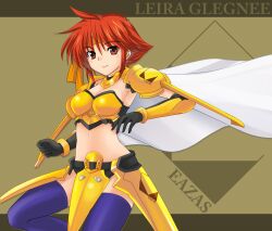  armor breasts cape gold_armor kurenasm leila_glainie rance_(series) red_eyes red_hair sengoku_rance thighhighs 