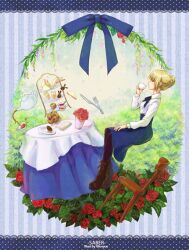  ahoge artoria_pendragon_(fate) black_pantyhose black_tea boots casual chair character_name closed_eyes commentary_request cup dress fate/stay_night fate_(series) female floating flower food fork hair_bun kiratsuki knife pantyhose photoshop_(medium) pouring red_flower red_rose ribbon rose saber_(fate) sandwich single_hair_bun sitting solo table tablecloth tea teacup teapot tiered_tray vase 