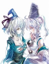  2girls bad_id bad_pixiv_id breasts cis_(carcharias) collarbone detached_sleeves dress green_dress green_hair hat japanese_clothes large_breasts long_hair mononobe_no_futo mouth_hold multiple_girls pom_pom_(clothes) short_hair simple_background soga_no_tojiko teeth_hold touhou untying white_hair yuri 