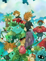  1boy :o bad_id bad_pixiv_id bellsprout blue_oak brown_eyes brown_hair bukiko bulbasaur commentary_request exeggcute exeggutor from_behind gloom_(pokemon) ivysaur oddish one_eye_closed open_mouth pants paras pokemon pokemon_(creature) pokemon_frlg short_sleeves tangela venusaur victreebel vileplume weepinbell 